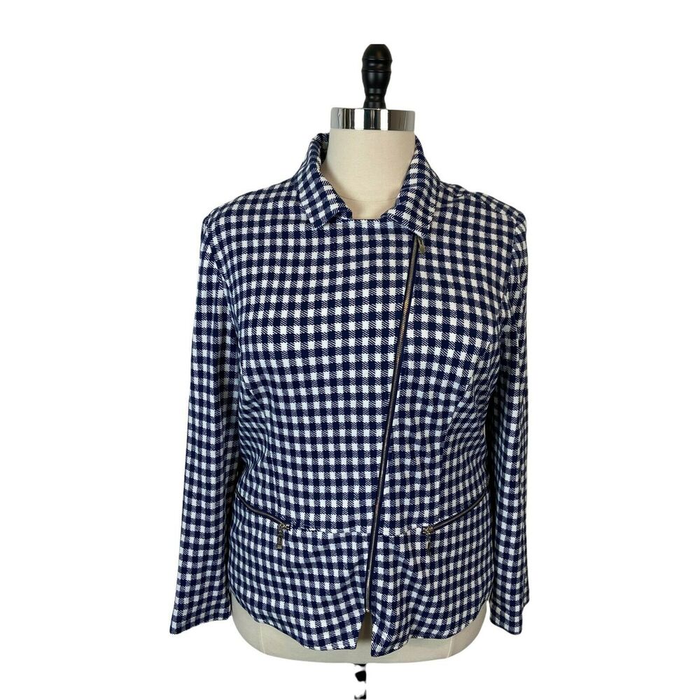 Chico's Moto Jacket Women's Navy White Gingham Check Long Sleeve Size 16 Large